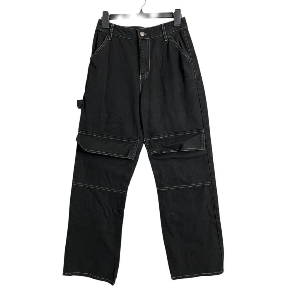 Forever 21 Straight Jeans Womens 26 Black Cargo Utility Pockets Streetwear